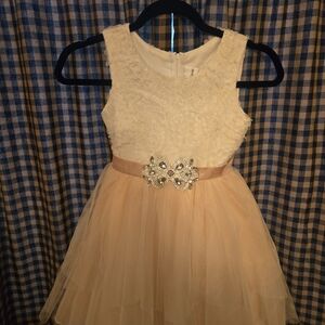 Tulle And Lace Kids Dress. Cream and Pink Kids Dress with Embellished Waist